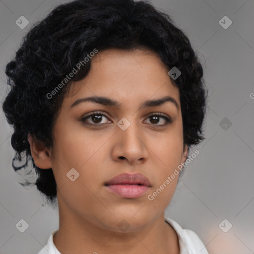 Neutral latino young-adult female with short  black hair and brown eyes