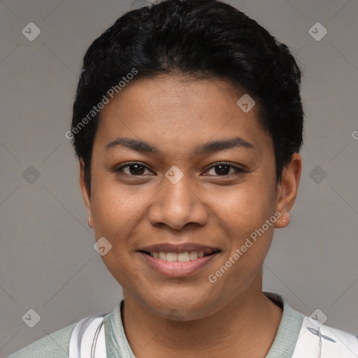 Joyful latino young-adult female with short  black hair and brown eyes