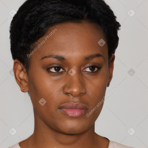 Neutral black young-adult female with short  black hair and brown eyes