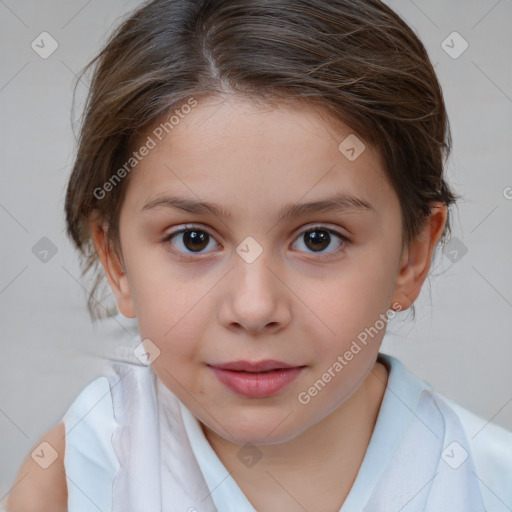 Joyful white child female with medium  brown hair and brown eyes