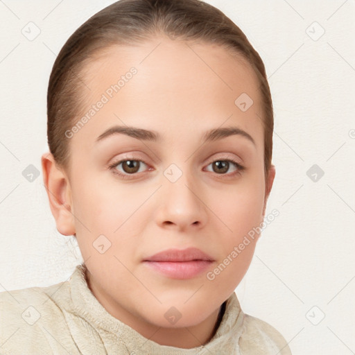 Neutral white young-adult female with medium  brown hair and brown eyes