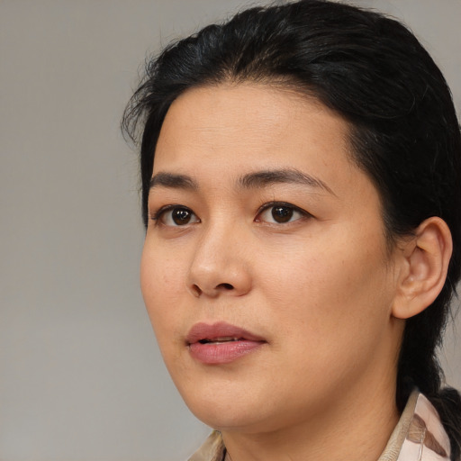 Neutral white young-adult female with medium  black hair and brown eyes