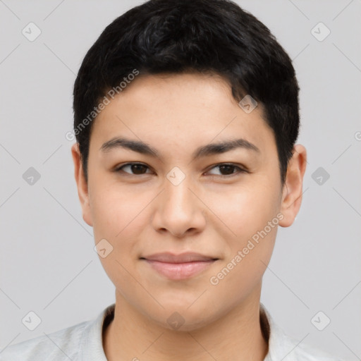 Joyful asian young-adult female with short  black hair and brown eyes