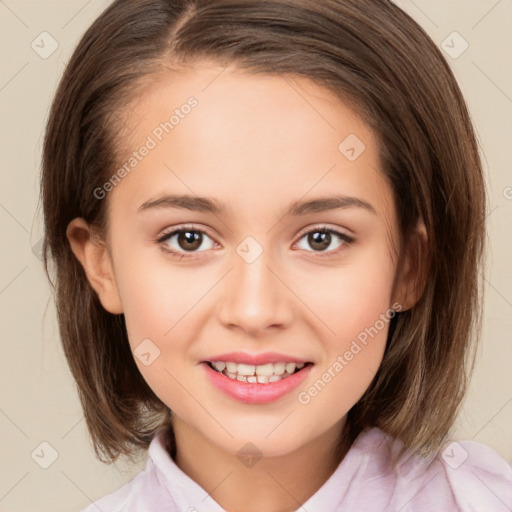 Joyful white child female with medium  brown hair and brown eyes