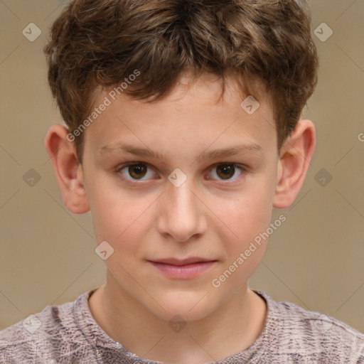 Joyful white child male with short  brown hair and brown eyes