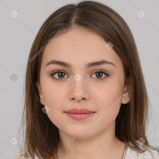 Neutral white young-adult female with medium  brown hair and brown eyes