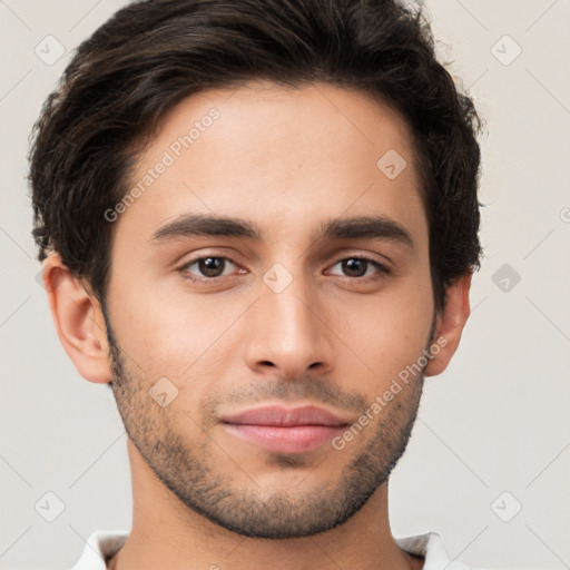 Neutral white young-adult male with short  brown hair and brown eyes