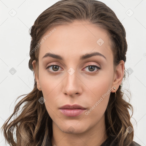 Neutral white young-adult female with long  brown hair and grey eyes