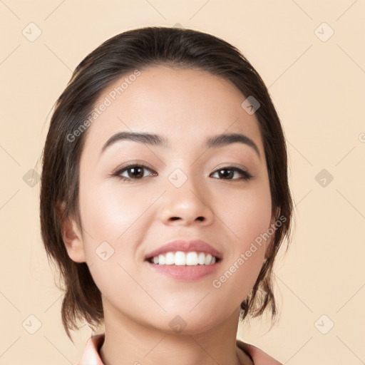 Joyful white young-adult female with medium  brown hair and brown eyes