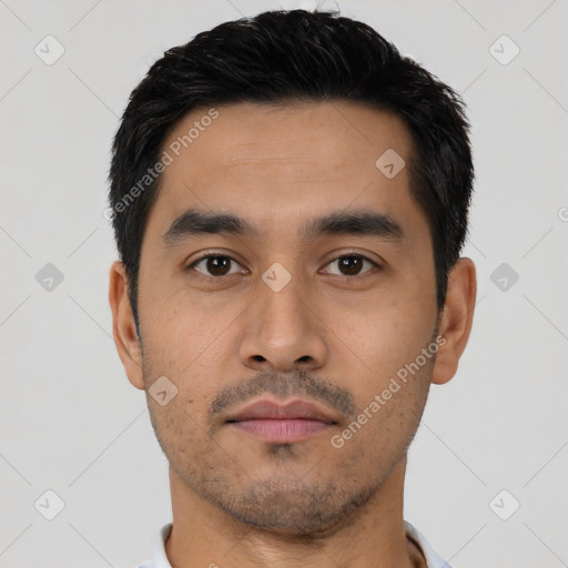 Neutral latino young-adult male with short  black hair and brown eyes