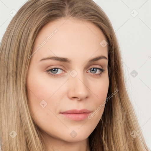 Neutral white young-adult female with long  brown hair and brown eyes