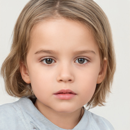 Neutral white child female with medium  brown hair and blue eyes