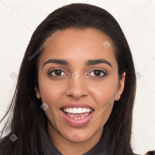 Joyful latino young-adult female with long  brown hair and brown eyes