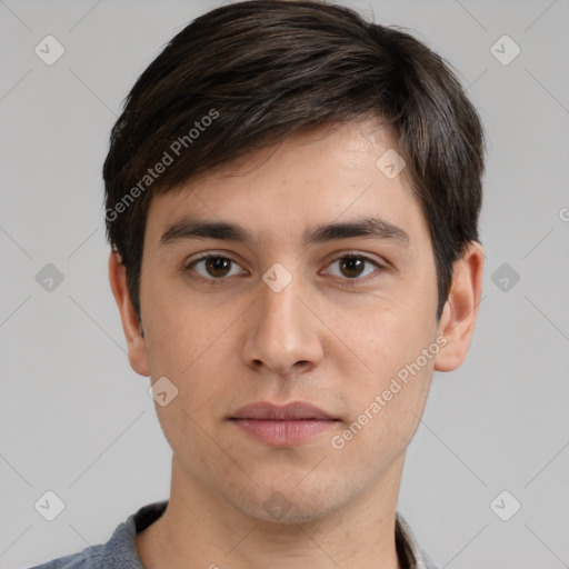 Neutral white young-adult male with short  brown hair and brown eyes