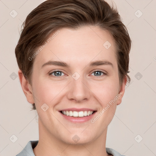 Joyful white young-adult female with short  brown hair and grey eyes