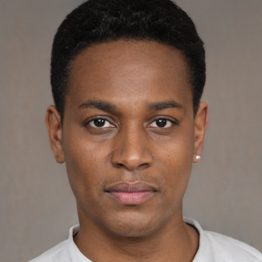 Neutral black young-adult male with short  black hair and brown eyes
