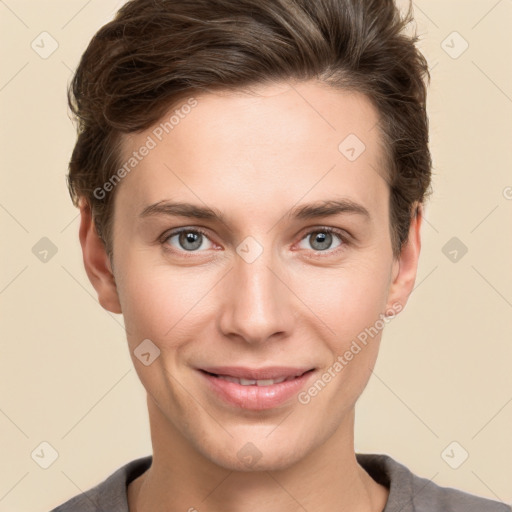 Joyful white young-adult female with short  brown hair and grey eyes