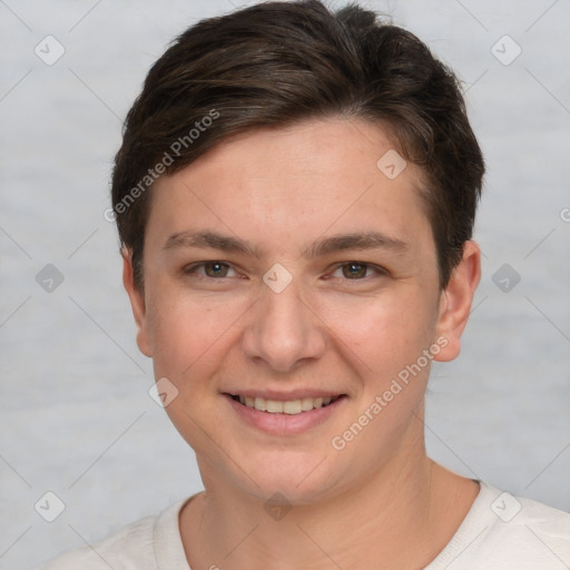 Joyful white young-adult female with short  brown hair and brown eyes