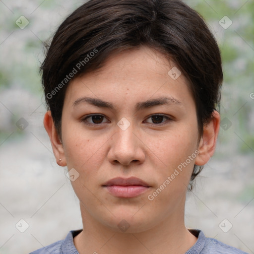 Joyful white young-adult female with medium  brown hair and brown eyes