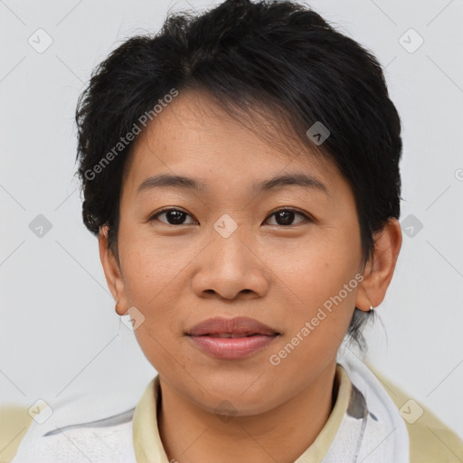 Joyful asian young-adult female with short  brown hair and brown eyes