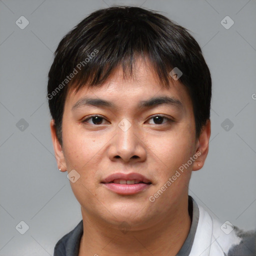 Joyful asian young-adult male with short  brown hair and brown eyes