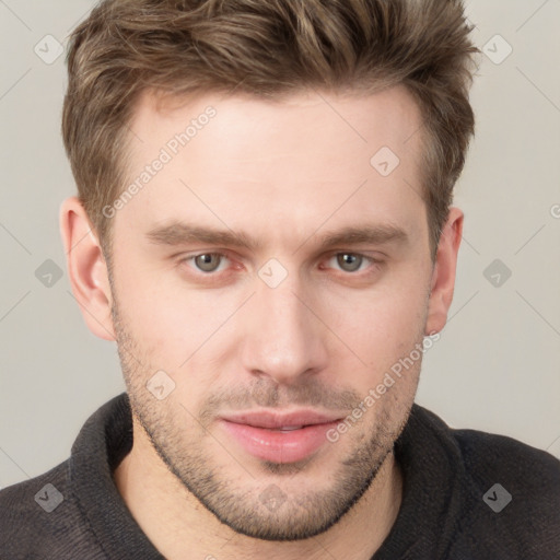 Neutral white young-adult male with short  brown hair and grey eyes