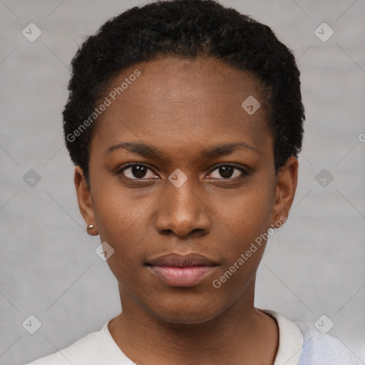 Neutral black young-adult female with short  black hair and brown eyes