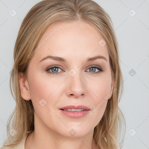 Joyful white young-adult female with medium  brown hair and blue eyes