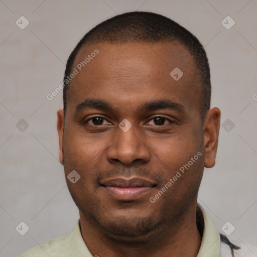 Joyful latino young-adult male with short  brown hair and brown eyes