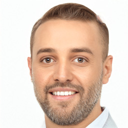 Joyful white young-adult male with short  brown hair and brown eyes