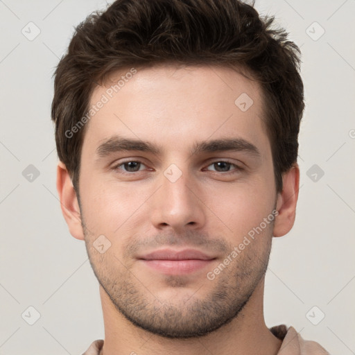 Neutral white young-adult male with short  brown hair and brown eyes