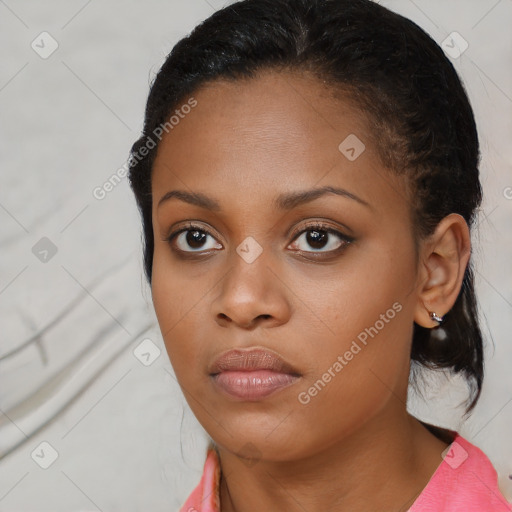 Neutral black young-adult female with long  brown hair and brown eyes