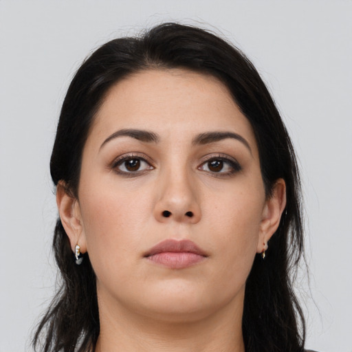 Neutral asian young-adult female with long  brown hair and brown eyes