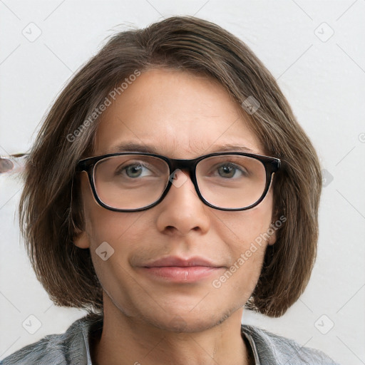 Neutral white young-adult female with medium  brown hair and blue eyes