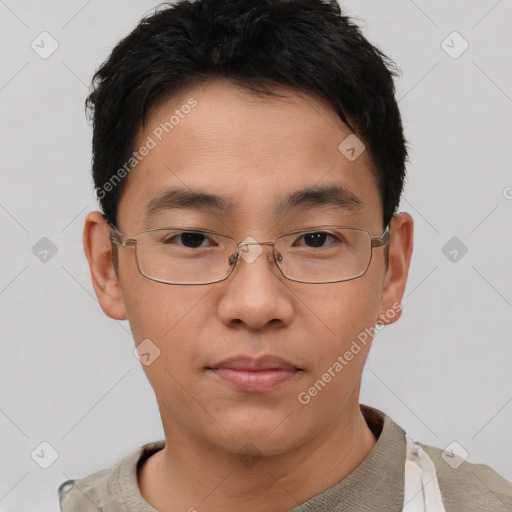 Neutral asian young-adult male with short  brown hair and brown eyes