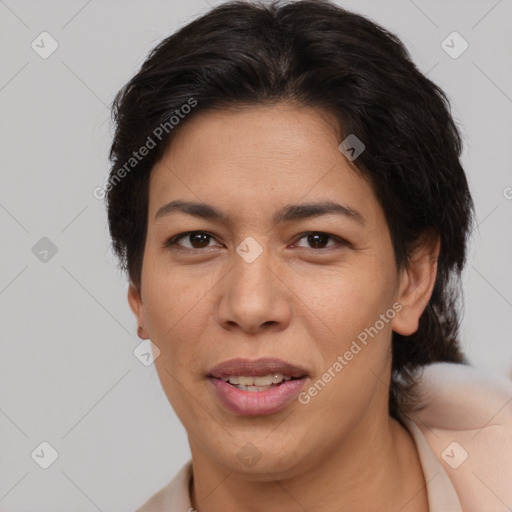 Joyful asian adult female with medium  brown hair and brown eyes