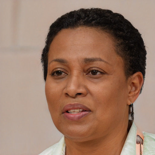 Joyful black adult female with short  brown hair and brown eyes
