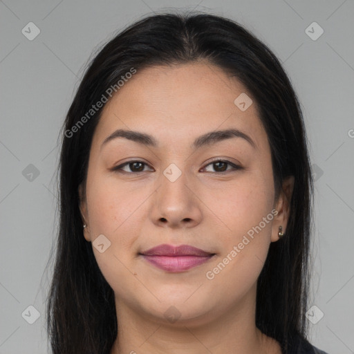 Joyful asian young-adult female with long  brown hair and brown eyes