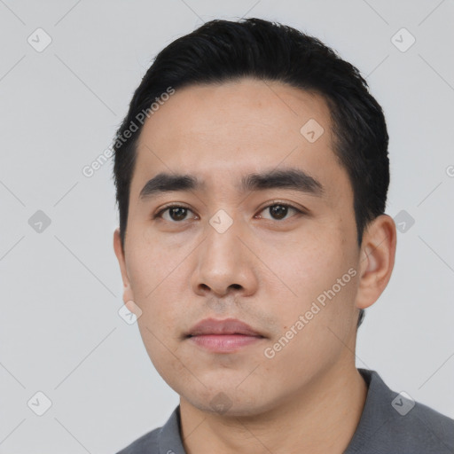 Neutral asian young-adult male with short  black hair and brown eyes