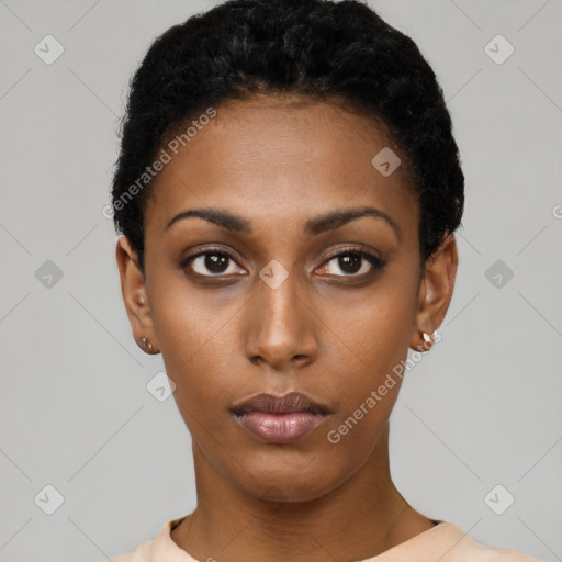 Neutral latino young-adult female with short  black hair and brown eyes