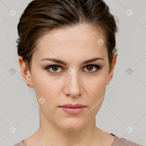 Neutral white young-adult female with short  brown hair and brown eyes