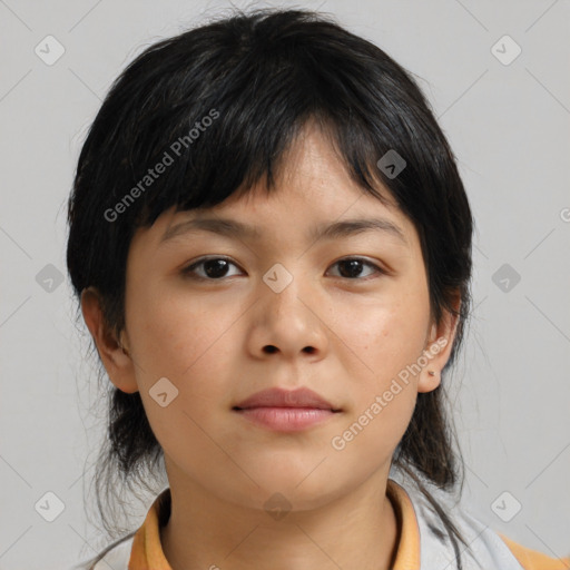 Neutral asian young-adult female with medium  brown hair and brown eyes