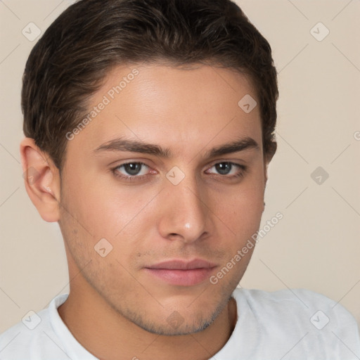 Neutral white young-adult male with short  brown hair and brown eyes