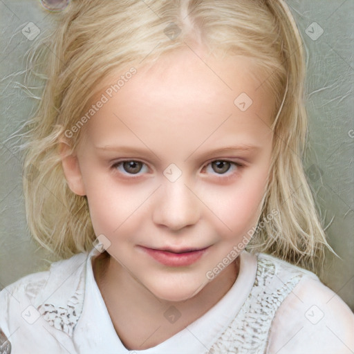 Joyful white child female with medium  brown hair and blue eyes