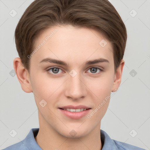 Joyful white young-adult female with short  brown hair and grey eyes