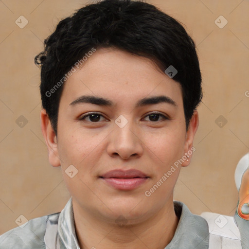 Joyful asian young-adult female with short  brown hair and brown eyes