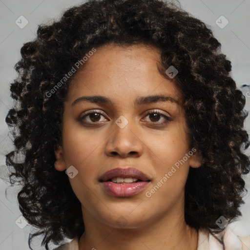 Joyful black young-adult female with medium  brown hair and brown eyes