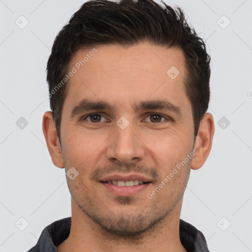 Joyful white young-adult male with short  brown hair and brown eyes