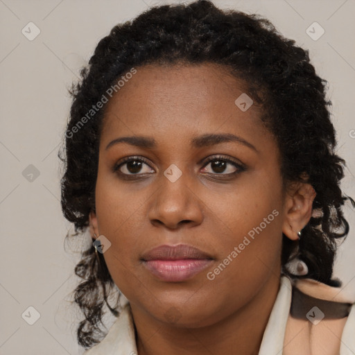 Joyful black young-adult female with long  brown hair and brown eyes