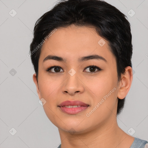 Joyful asian young-adult female with short  brown hair and brown eyes